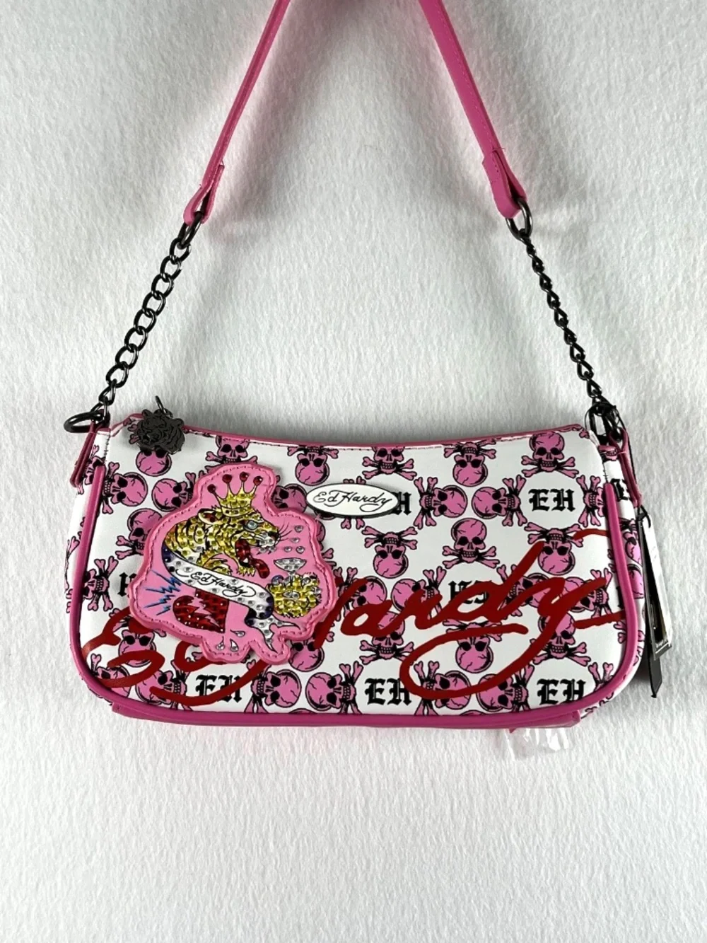 NWT Ed Hardy Pink Skull Rhinestone Tiger Shoulder Crossbody Bag Y2K Purse